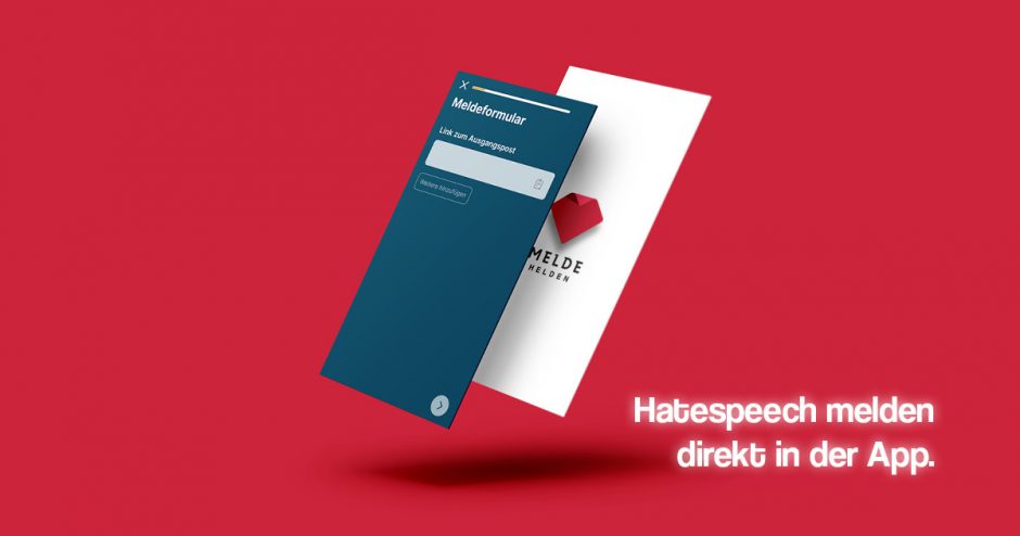 Eine Grafik mit rundem Grund, zwei stilisierten Handybildschirmen und dem Text "Hatespeech melden direkt in der App".