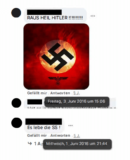 Screenshot von verfassungsfeindlichen Kommentaren, die über 5 Jahre in Facebook-Gruppen stehen blieben.